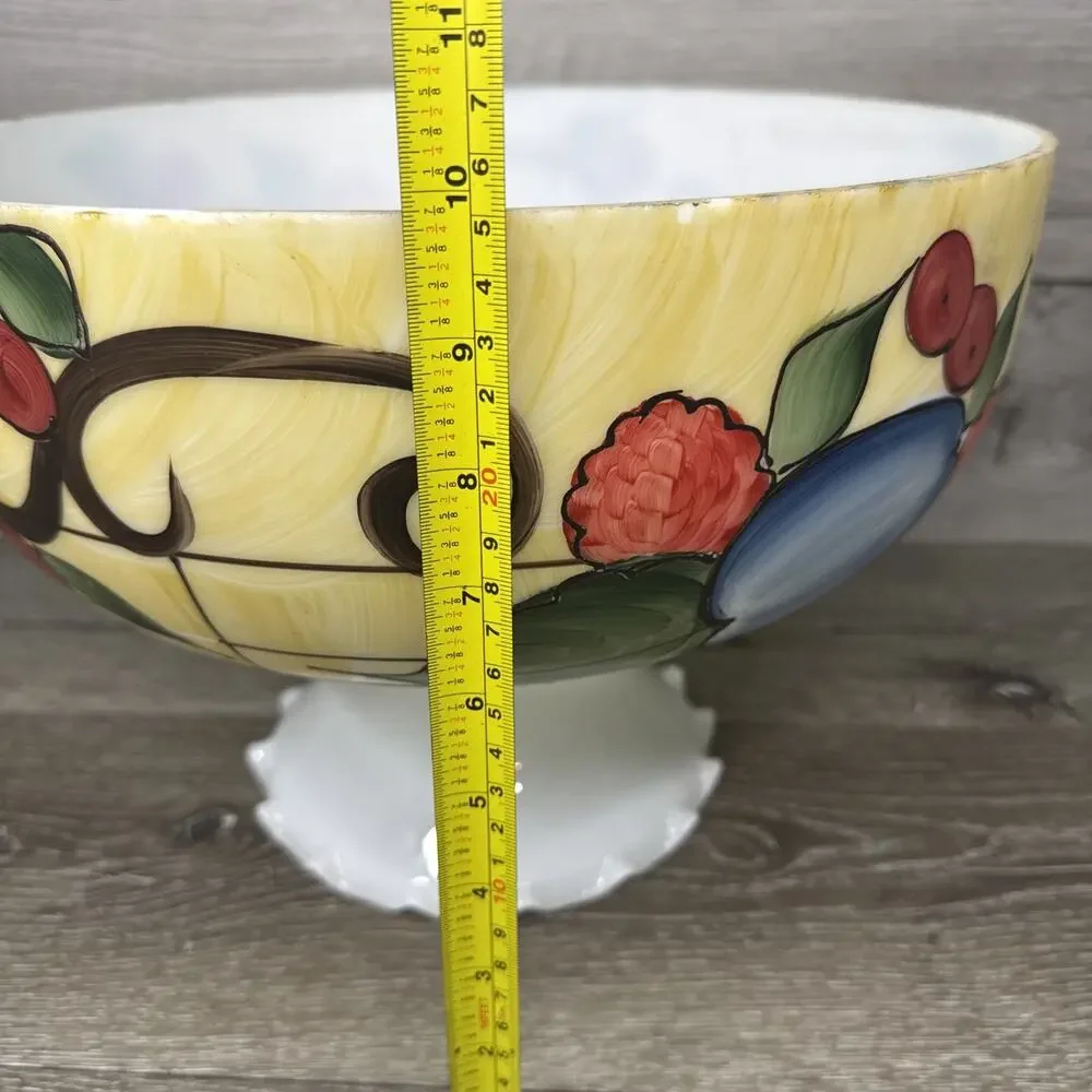 VTG Milky Glass Hand painted Hurricane Lamp Shade 14-3/4” Diameter 9-7/8”Tall